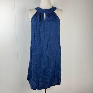 Antibes Blanc Blue Halter Dress‎ 100% Linen A-Line Minimalist Womens Small